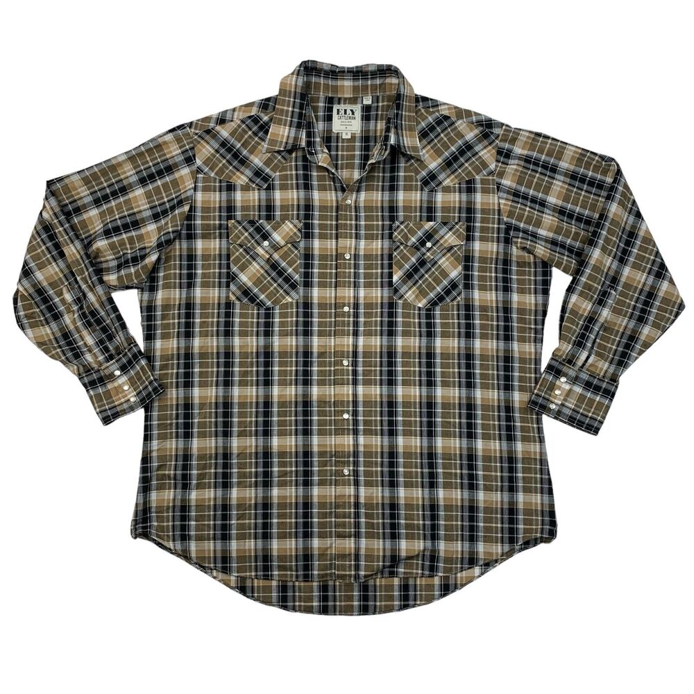 Ely Cattleman Shirt Mens XL Extra Large Black Latte Pearl Snap Buttons Western